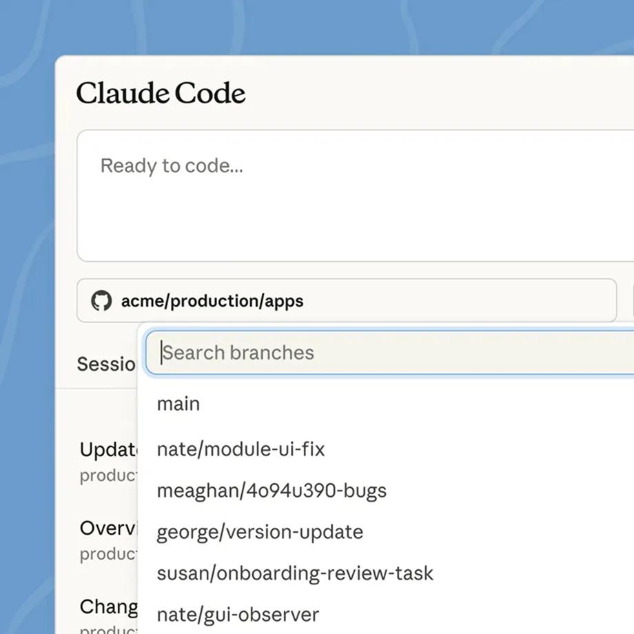 Claude Code on the web 选择 GitHub 仓库和目标分支的官方示例界面
