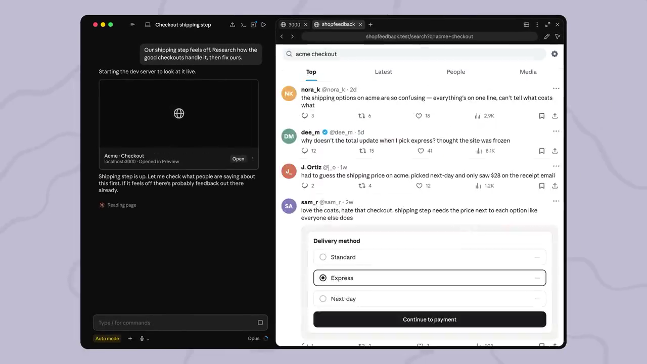 Claude Code Desktop 左侧显示代码任务与工具动作，右侧 Browser pane 打开网页并进行验证