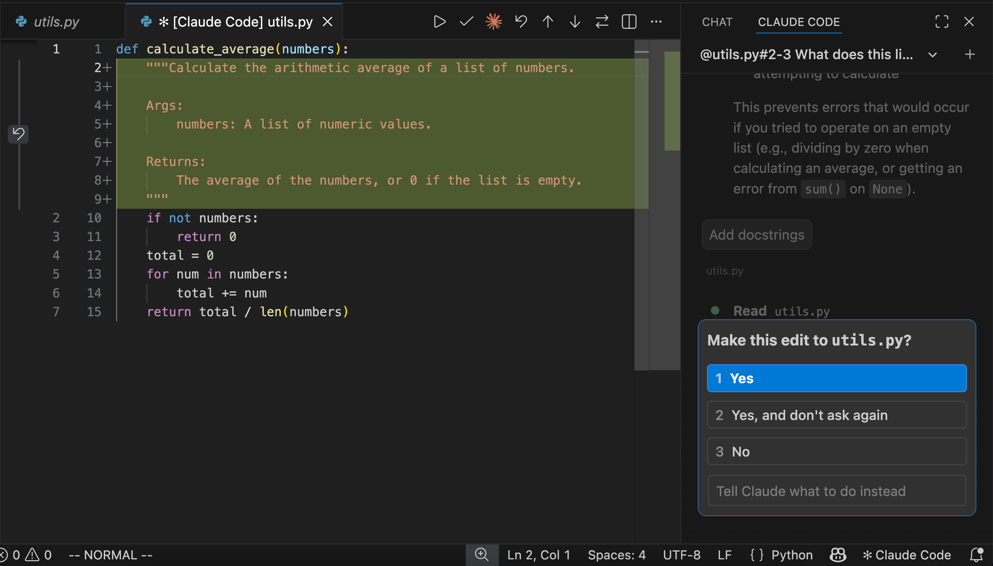 VS Code 显示 Claude 提议修改的并排 diff 与权限确认