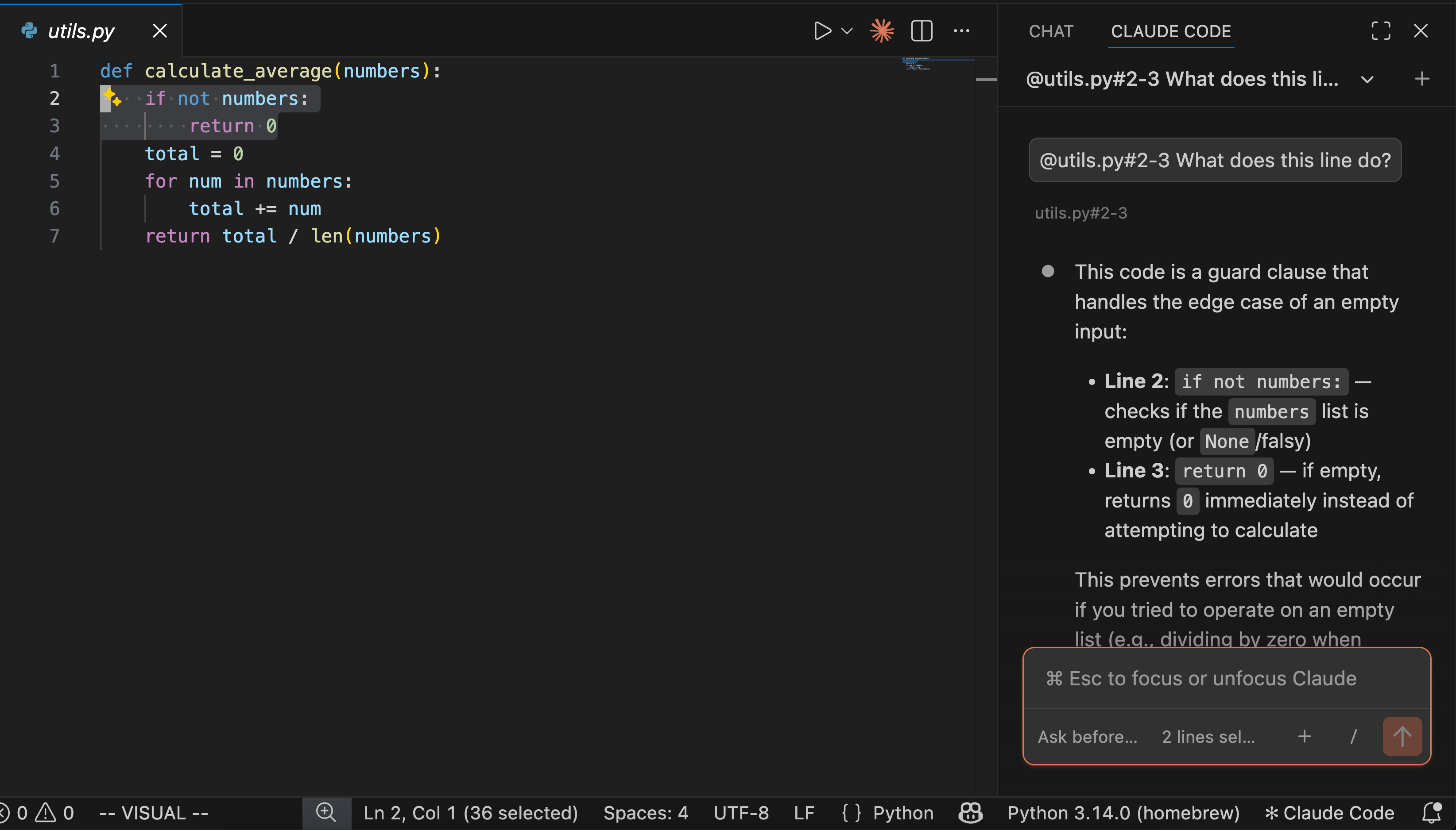 VS Code 中选中 Python 代码并在 Claude Code 提示里引用对应行