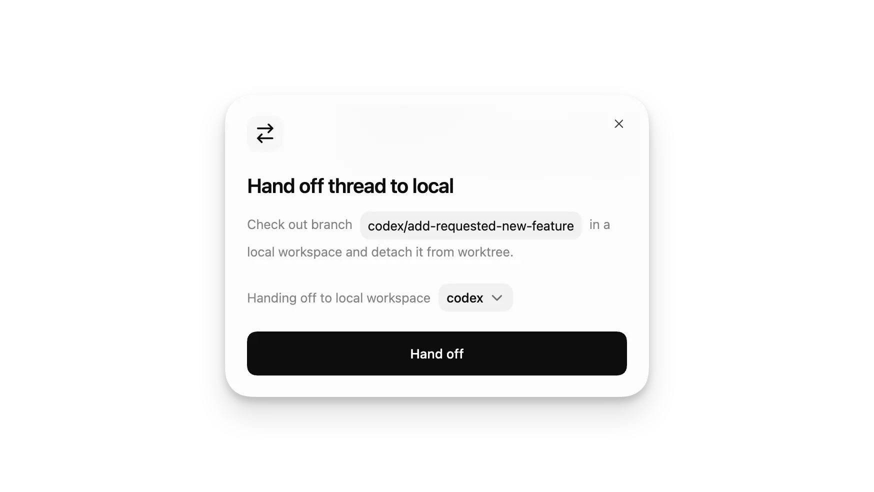 Handoff dialog moving a task from a worktree to Local