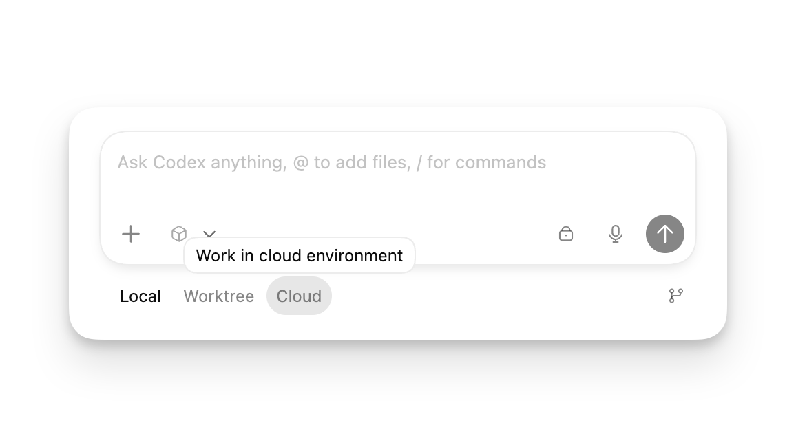 New task composer with Local, Worktree, and Cloud environment options